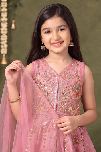 Girls Lavender Silk Blend Ethnic Wear Palazzo Set with Sequin Bead Embroidery Work - Peplum Kurta, Flared Palazzo & Dupatta
