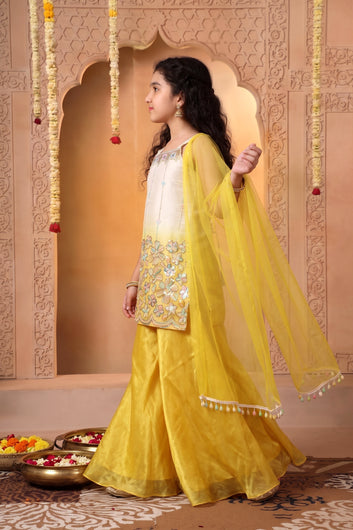 Girls Yellow Silk Blend Floral Sequin Embroidered Kurta Palazzo with Inner and Dupatta Ethnic Set