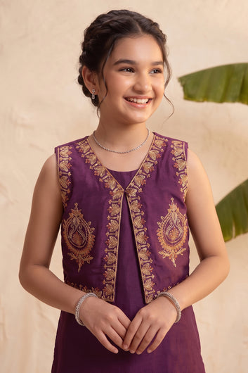 Girls Purple Silk Blend Kurta and Sharara With Koti For Traditional Look