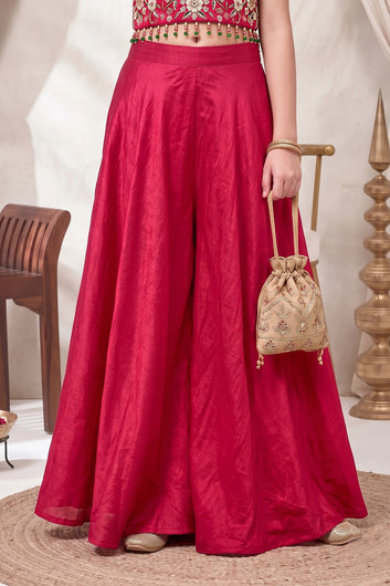 Girls Rani Silk Blend Sequin Embroidered Crop Top and Palazzo With Dupatta Set For Indian Outfit