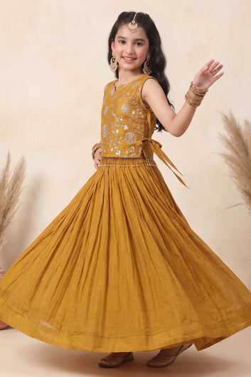 Girl's Brown Silk Blend Embroidered Sleeveless Top Style Choli with Side Knot and Flared Lehenga For Traditional Look
