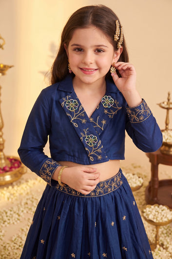 Girls Navy Blue Silk Blend Floral Embroidered Lehenga and Choli Set For Traditional Look
