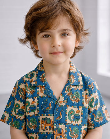Boys Blue Cotton Blend Animal Printed Shirt and Shorts Set For Casual Wear