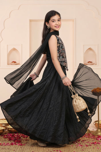 Girls Black Silk Blend Sequin Embroidered Crop Top and Palazzo with Dupatta Set For Traditional Wear