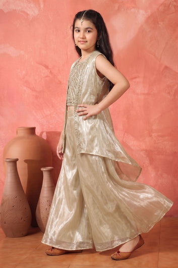 Girls Chikoo Silk Blend Bead Embroidered Crop Top and Palazzo With Shrug Girls Indo western Set