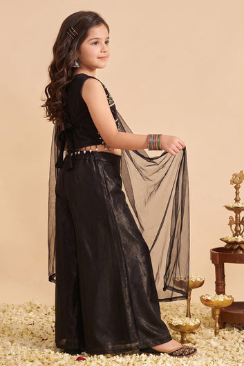 Baby Black Silk Blend Sequin Embroidery Crop Top and Flared Palazzo with Dupatta Ethnic Set