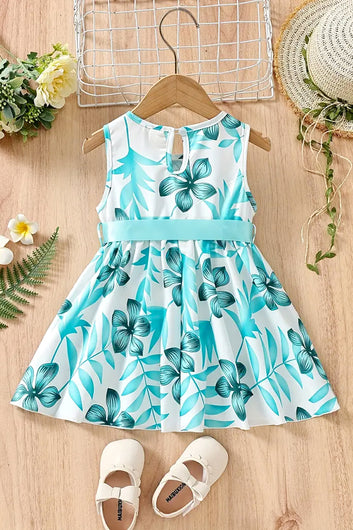 Girls Green Cottton Blend Floral Printed Fit And Flare Knee Length Dress