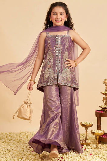 Girls-Purple Silk Blend Sequin Bead Work Top and Palazzo With Dupatta Set For Traditional Outfit