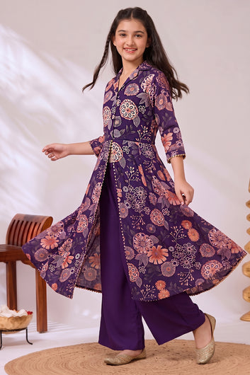 Girl's Dark Purple Chanderi Silk Printed Front Slit Kurta and Palazzo Set