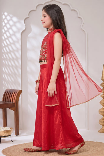 Girls Rani Silk Blend Embroidered Crop Top and Palazzo with Dupatta Set For Festive Wear