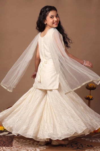 Girls White Silk Blend Mirror Embroidered Short Kurta and Palazzo With Dupatta Ethnic Set
