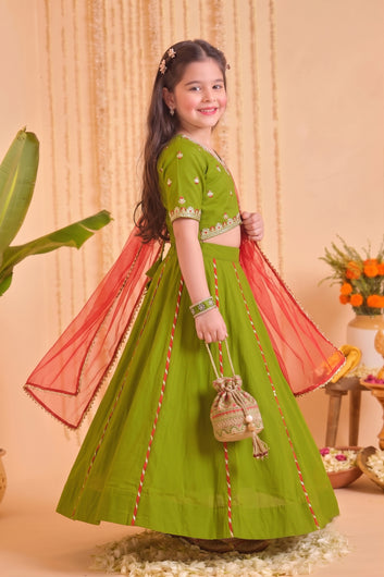 Girls Mehndi Roman Silk Embroidered Lehenga Choli With Dupatta Set Traditional 3-Piece Festive Outfit for Kids