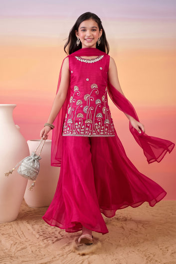 Girls Rani Silk Blend Floral Sequin Bead Work Embroidered Kurta and Palazzo With Dupatta For Festive Wear