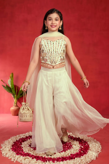 Girls Off White Silk Blend Bead Work Embroidered Crop Top And Palazzo with Inner Top & Dupatta Set For Traditional Look
