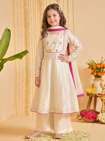 Girls Off White Silk Blend Floral Embroidery Kurta and Palazzo With Dupatta Traditional Ethnic Set