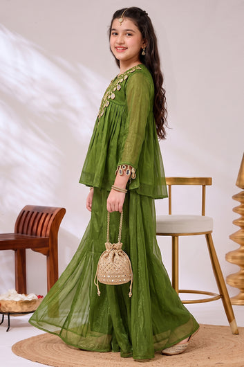 Girls Green Silk Blend Floral Embroidered Top and Palazzo For Stylish Look