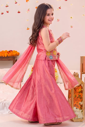 Girls Pink Silk Blend Floral Embroidery Top and Palazzo With Dupatta For Festive Wear