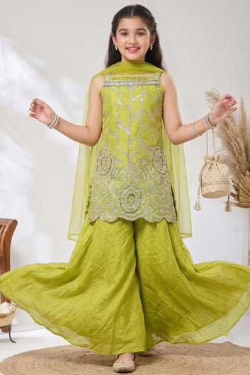 Girls Lemon Silk Blend Kurta, Palazzo And Top Inner With Dupatta Set Diwali Outfit