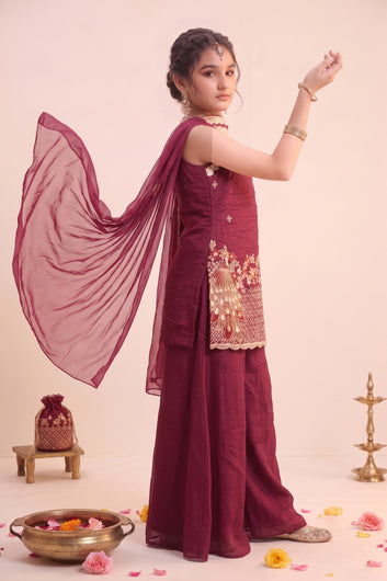 Girls Maroon Silk Blend Kurta And Palazzo With Dupatta Set For Traditional Look