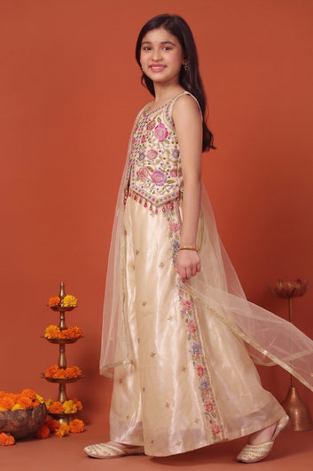 Girls Chickoo Silk Blend Embroidered Top and Palazzo with Dupatta Girls Ethnic Set