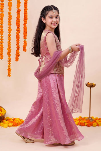 Girls Peach Silk Blend Bead Embroidery Top and Palazzo With Dupatta Ethnic Set