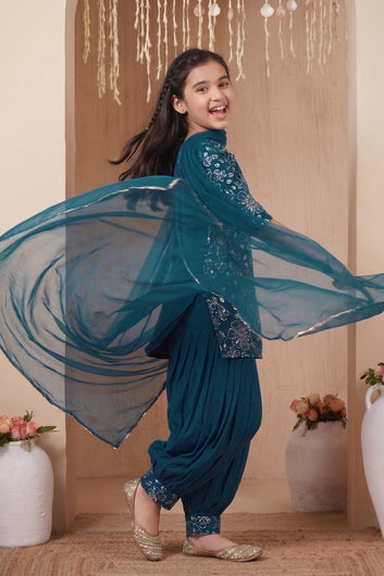 Girls Rama Silk Blend Sequin Embroidered Salwar Suit Set With Dupatta Trendy Kurta Set For Kids