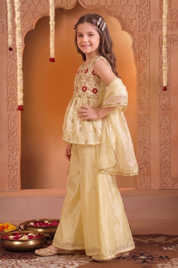 Girls Off white Embroidered Kurta and Palazzo With Dupatta Set For Ethnic Wear
