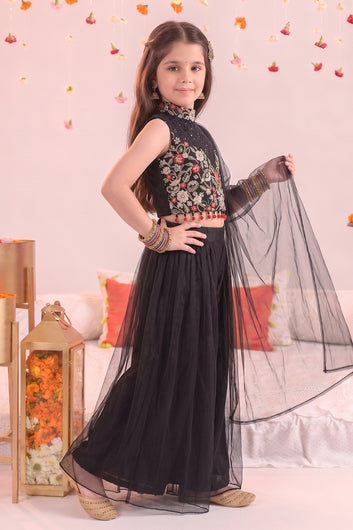 Girls Black Silk Blend Floral Embroidery Crop Top and Flared Palazzo with Dupatta For Indo Western Look