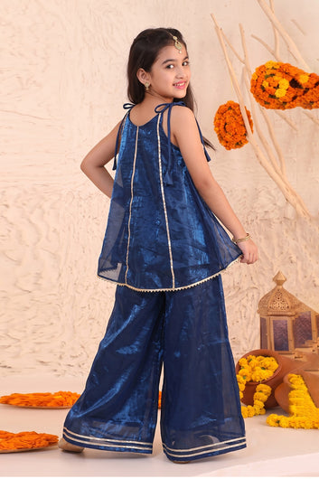 Girls Dark Blue Embroidered Top and Palazzo With Dupatta Set Ethnic outfit for girls
