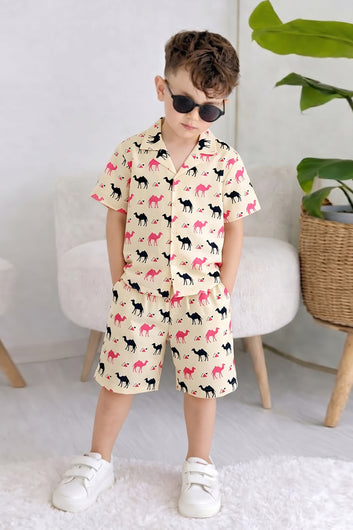 Boys Beige Cotton Blend Animal Motifs Printed Shirt and Shorts For Boys Clothing Set