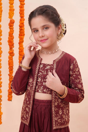 Girls Maroon Silk Blend Embroidered Crop Top with Shrug and Palazzo Girls Ethnic set
