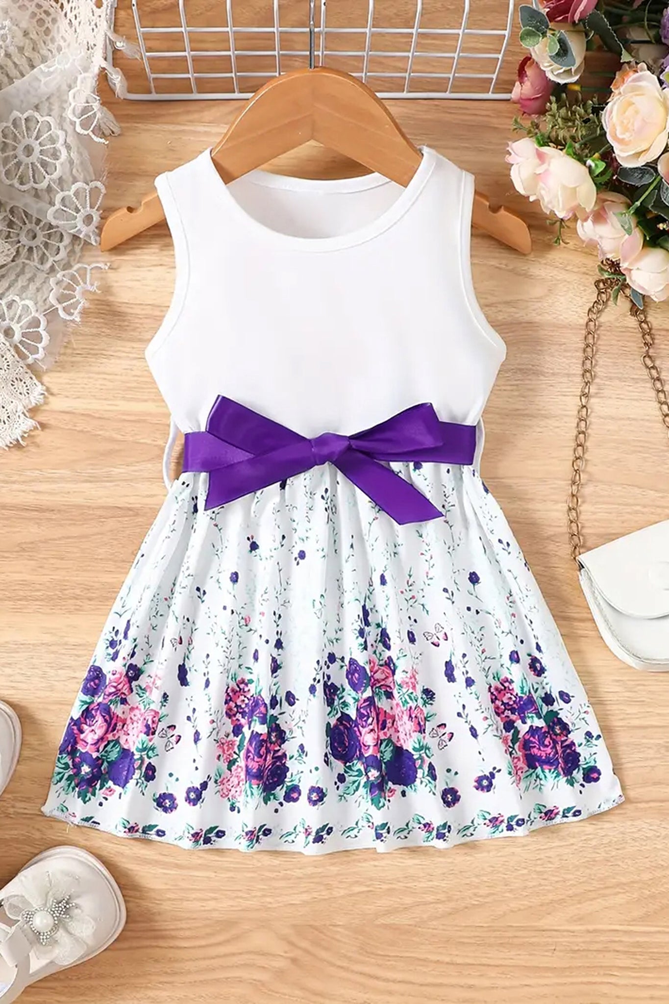 Girls Purple Cottton Blend Floral Printed Fit And Flare Knee Length Dress