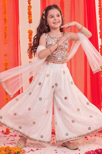Baby Off-White Silk Blend Sequin Embroidered Crop Top and Palazzo Set with Net Dupatta For Party Wear Ethnic Outfit