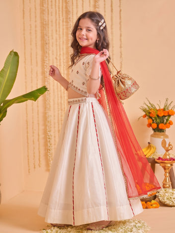 Girls Off White Roman Silk Embroidered Lehenga Choli With Dupatta Set Traditional 3-Piece Festive Outfit for Kids