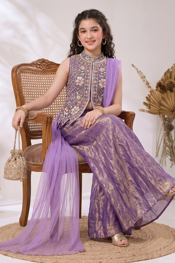 Girls Purple Silk Blend Top And Palazzo With Dupatta Set For Ethnic Wear