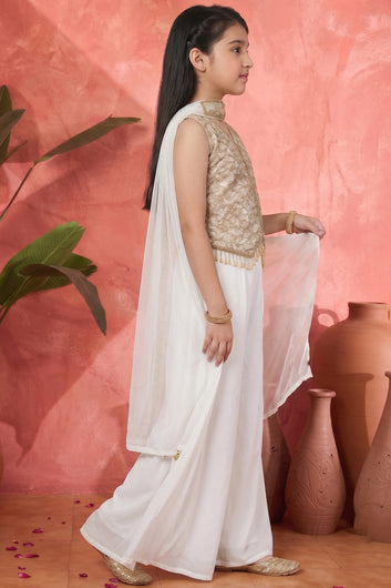 Girls Off White Georgette Crop Top And Palazzo With Dupatta For Trendy Look