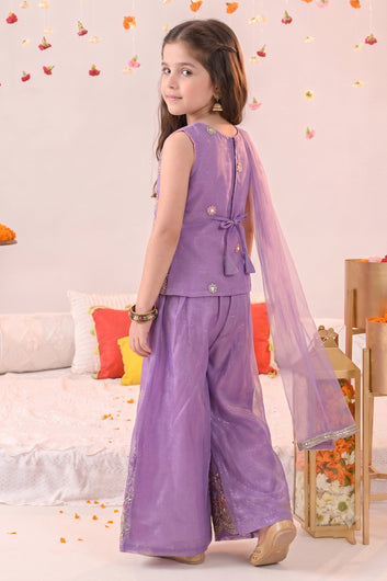 Girls Purple Silk Blend Embroidered Top and Palazzo With Dupatta Fusion Party Wear