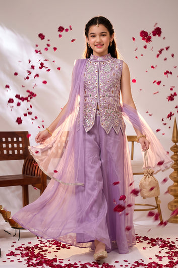 Girls Lavender Silk Blend Top And Palazzo With Dupatta Set Festival wear