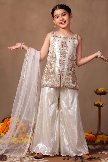 Girls White Silk Blend Bead work and Embroidered Top and Palazzo with Dupatta Ethnic Set