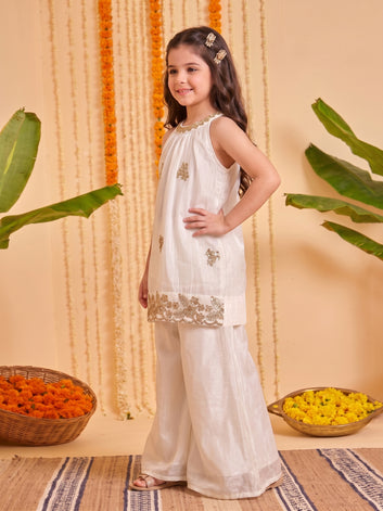 Girls White Silk Blend Bead Embroidered Work Top and Palazzo For Festive Outfit