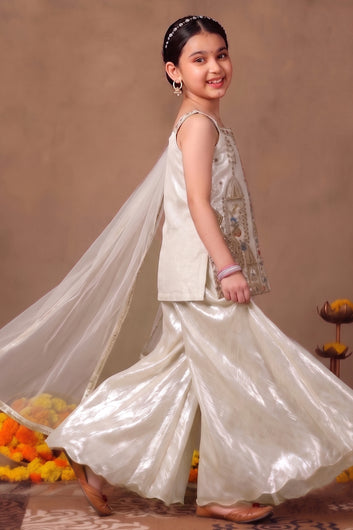 Girls White Silk Blend Bead work and Embroidered Top and Palazzo with Dupatta Ethnic Set