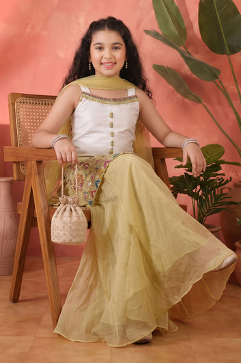 Girls White Silk Blend Sequin Embroidered Kurta and Palazzo with Inner Top, Dupatta Set For Festive Wear