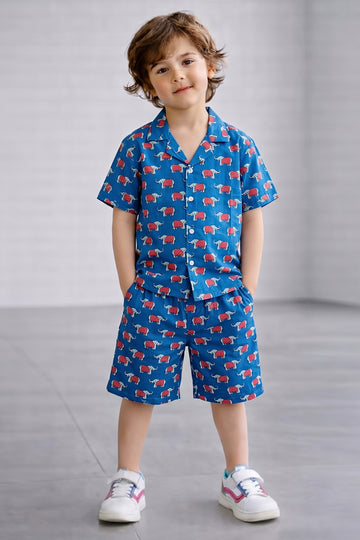 Boys Blue Cotton Blend Animal Printed Shirt and Shorts Set For Apparel Combo