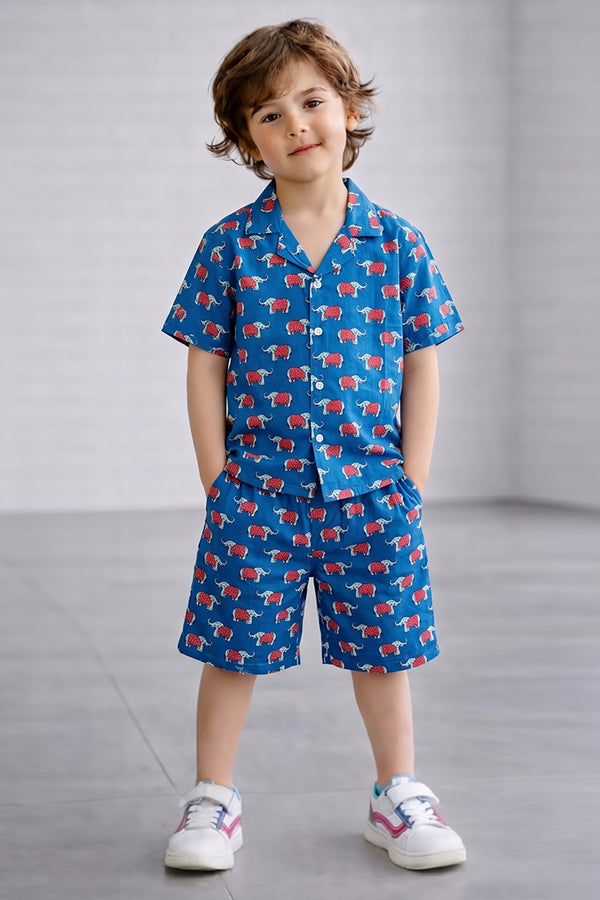 Boys Blue Cotton Blend Animal Printed Shirt and Shorts Set For Apparel Combo