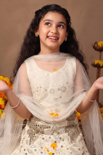 Girls White Silk Blend Mirror Embroidered Short Kurta and Palazzo With Dupatta Ethnic Set