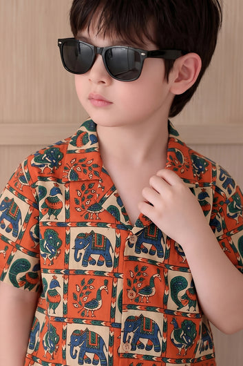 Boys Orange Cotton Blend Animal Motifs Printed Shirt and Shorts For Boys Summer Trend