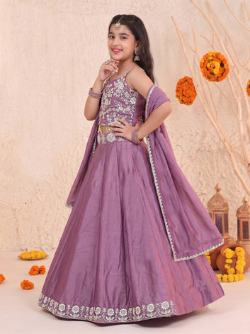 Girls Purple Silk Blend Floral Embroidered Lehenga and Choli With Dupatta Festive Set For Girls