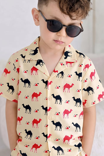 Boys Beige Cotton Blend Animal Motifs Printed Shirt and Shorts For Boys Clothing Set
