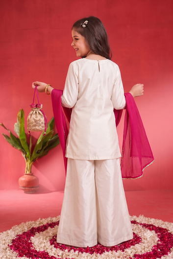 Girls Off White Roman Silk Embroidered Kurta Palazzo Dupatta Girls Ethnic Festive Wear Co Ord Set