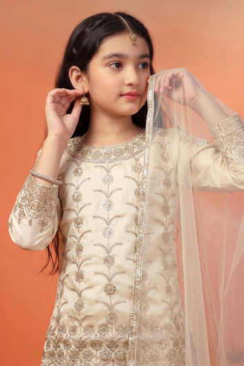 Girls Chikoo Silk Blend Embroidered Kurta Salwar with Dupatta Traditional Outfit